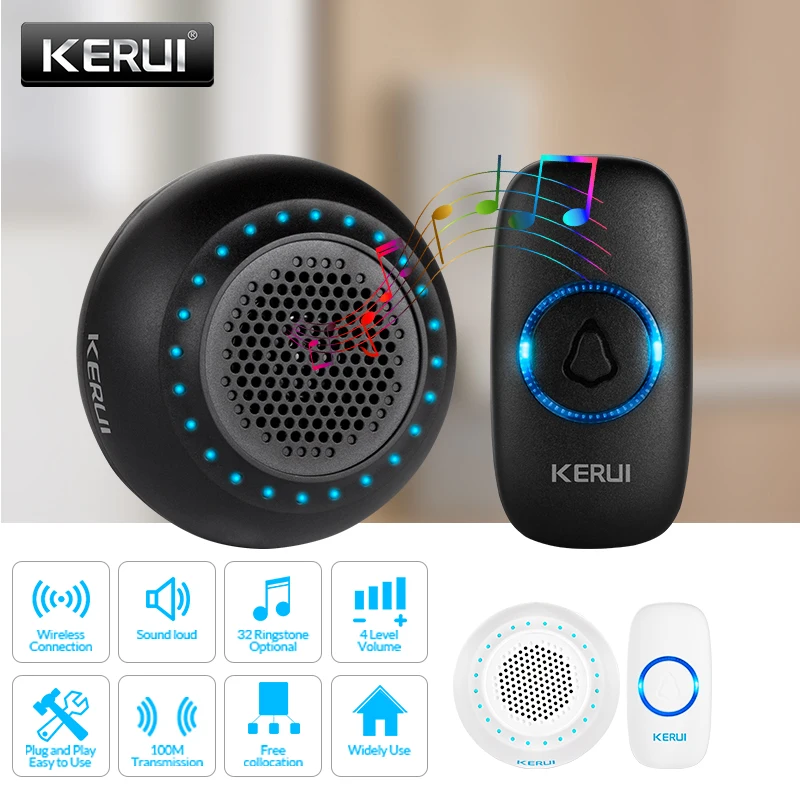 KERUI M523 Wireless Smart Doorbell Kit Home Security Waterproof Door Button Colorful LED Housed Chimes Doorbell 433MHZ Button