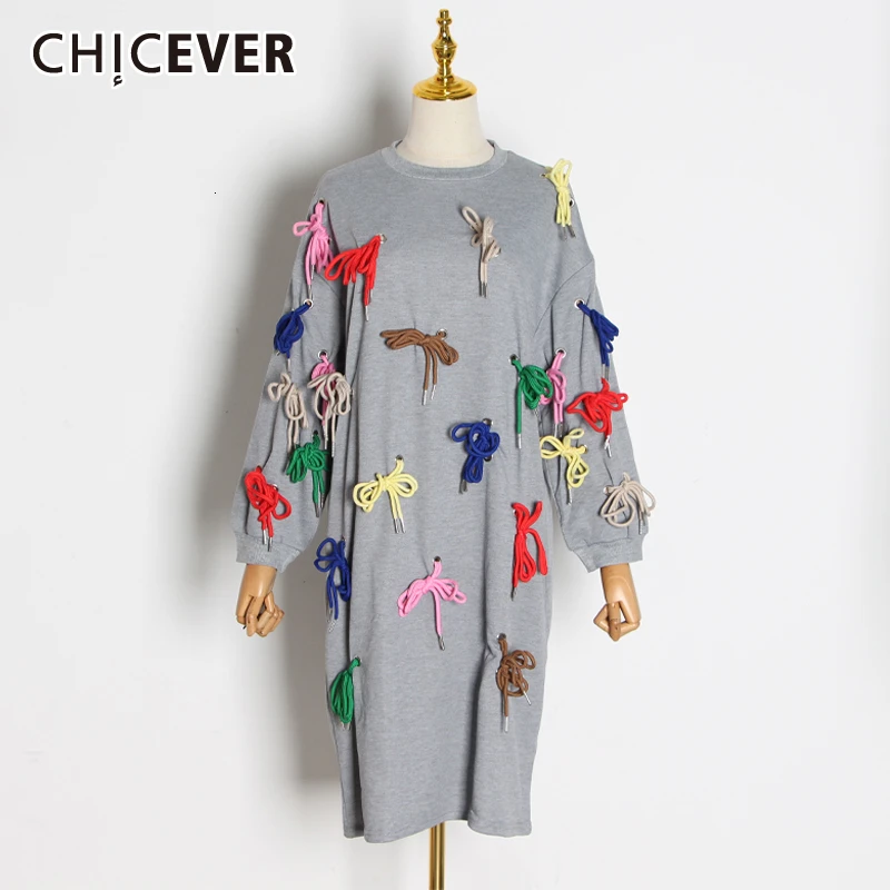 CHICEVER Лоскутные женские платья с бантами круглым вырезом фонарь длинным рукавом