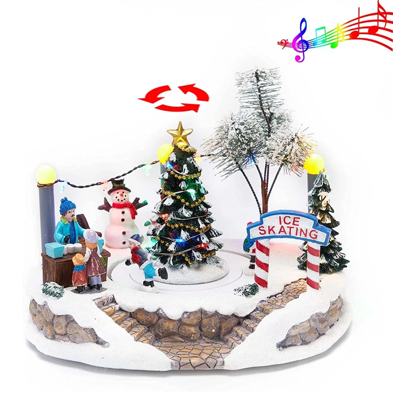 

Winter Christmas Village Collection Decoration Illuminated Animated Lighted Musical with Center Tree Moving Ice Skating Rink