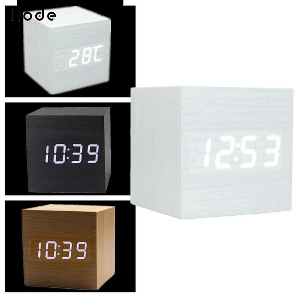 Деревянные бамбуковые часы Cube цифровые настольные будильник термометр