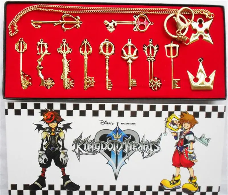 Kingdom Hearts 2 II металлический Sora металлический брелок для ключей, кулон, ожерелье, коллекция оружия, набор+ коробка - Цвет: 12pcs Gold