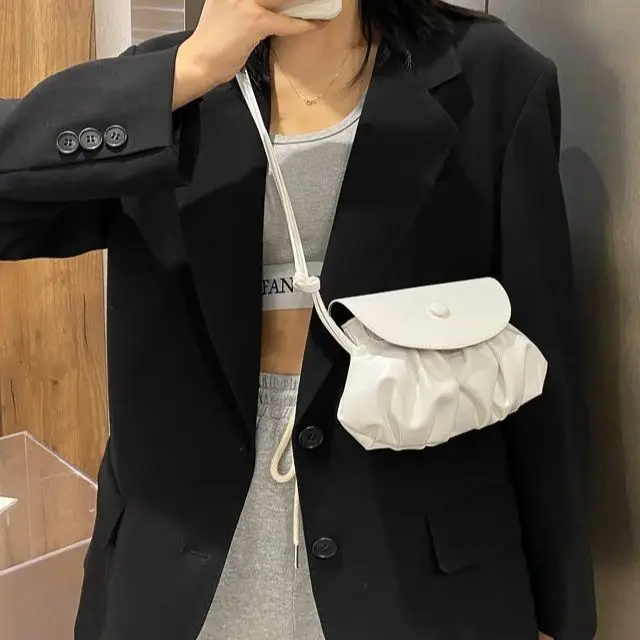 MINI Woman Handbag PU Leather Ladies Girl Retro Solid Color Shoulder Bag Crossbody Pleated Fashion Popular Ins Black