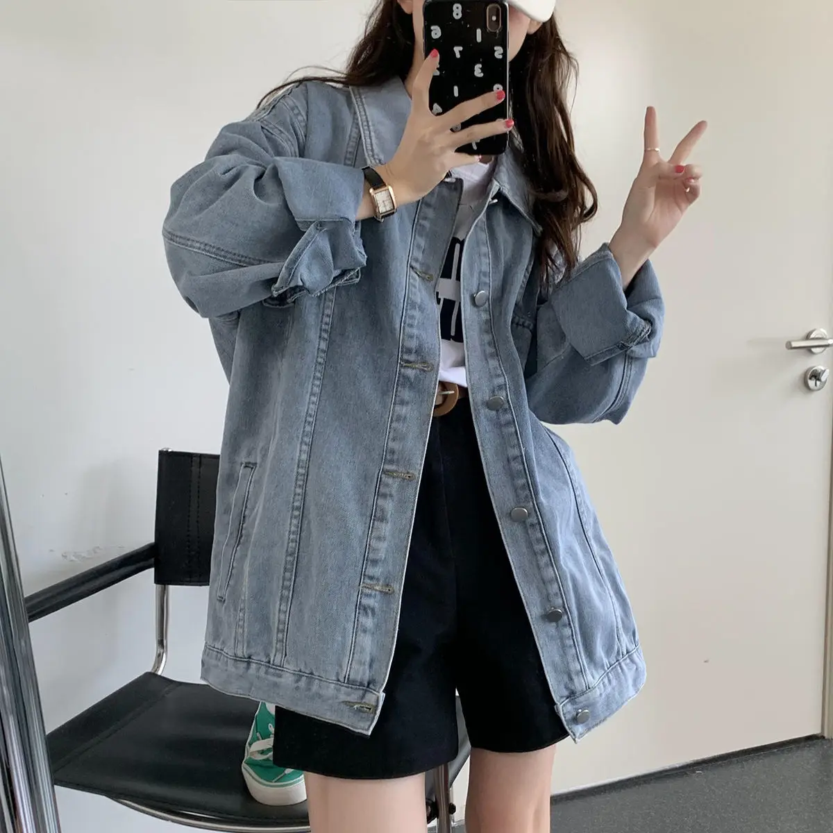 

New Spring and Autumn Denim Jacket Women's Large Loose Port Style Baseball Jacket Work Jacket Winter