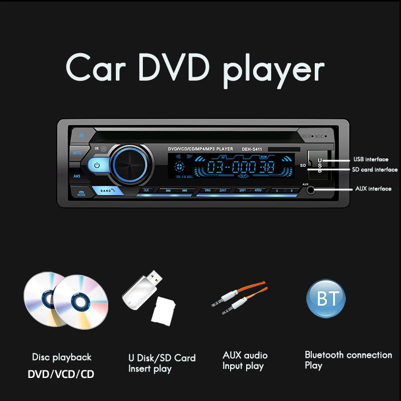 Universal 1 Din Bluetooth Car Stereo MP3 Player Autoradio CD VCD DVD AUX USB FM Radio Auto Audio | Автомобили и мотоциклы