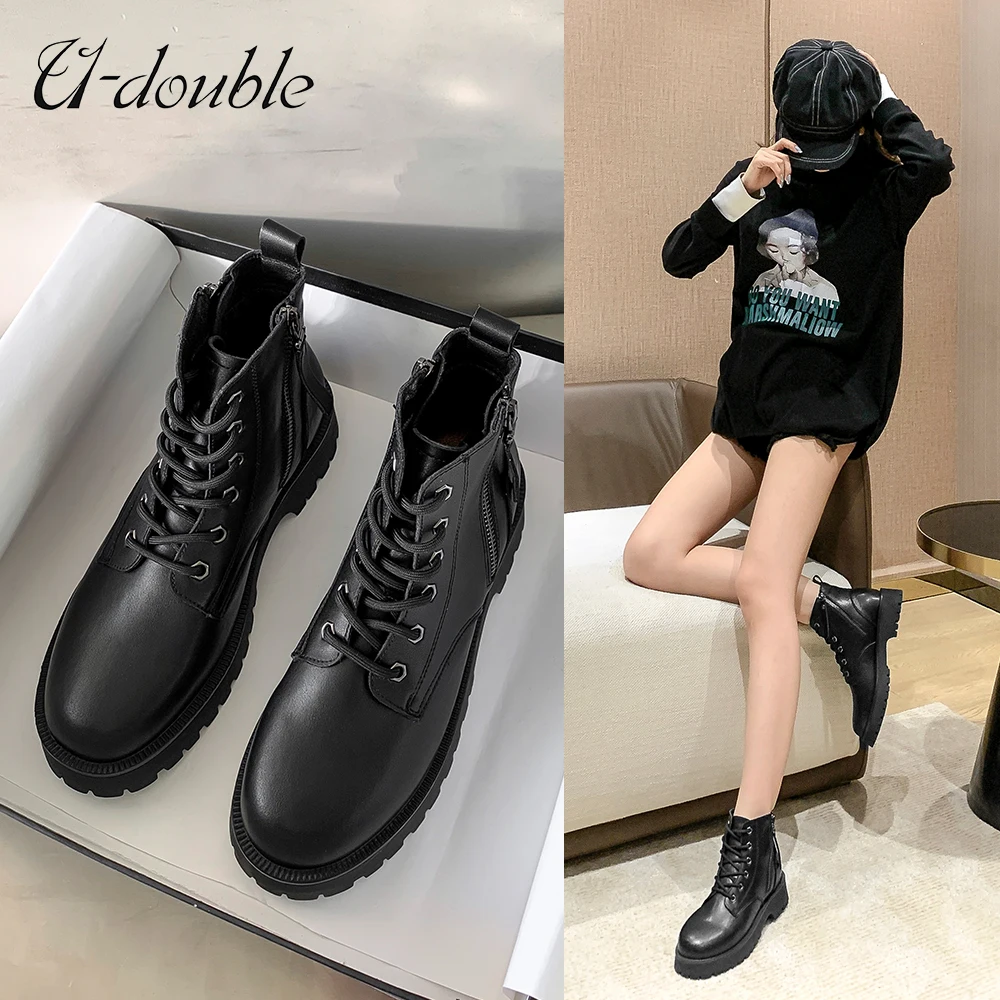 

U-DOUBL Brand Fashion Ankle Boots Platform Women Calfskin Leather Round Toe Zip Lace Up High Street Style Ladies Shoes Handmade