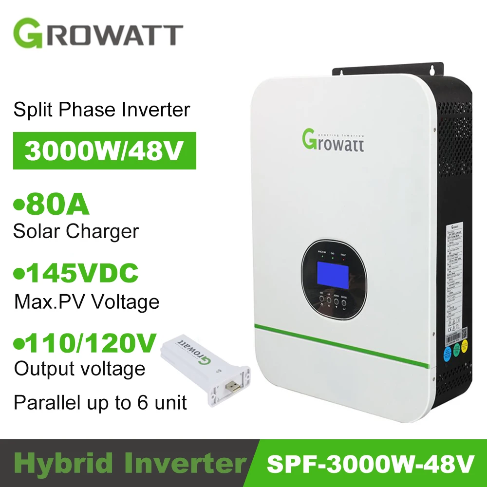 

Growatt 3000W 48V Split Phase Hybrid Solar Inverter Built-in 80A MPPT Pure Sine Wave Solar Charger Out Put 110/120V Support Wifi