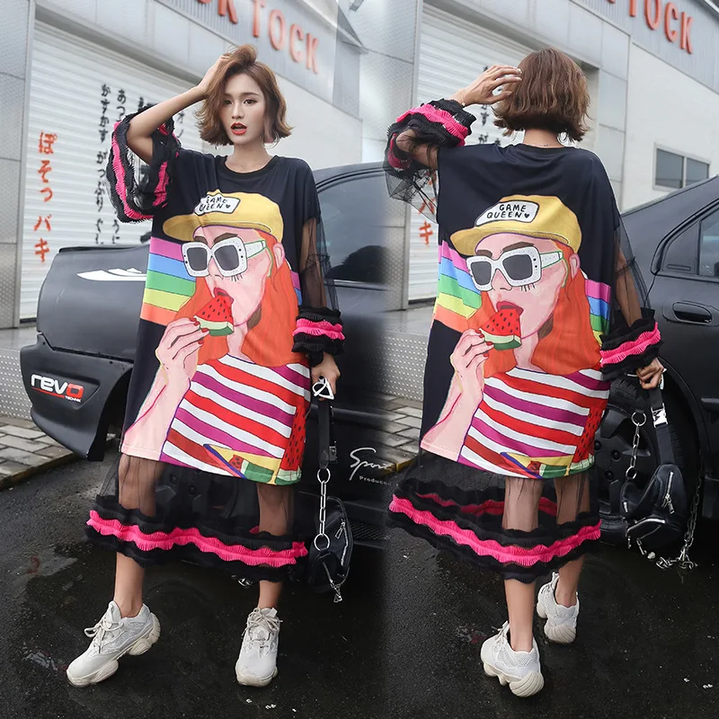 Женское Сетчатое платье с длинным рукавом черное мультяшным рисунком ulzzang в