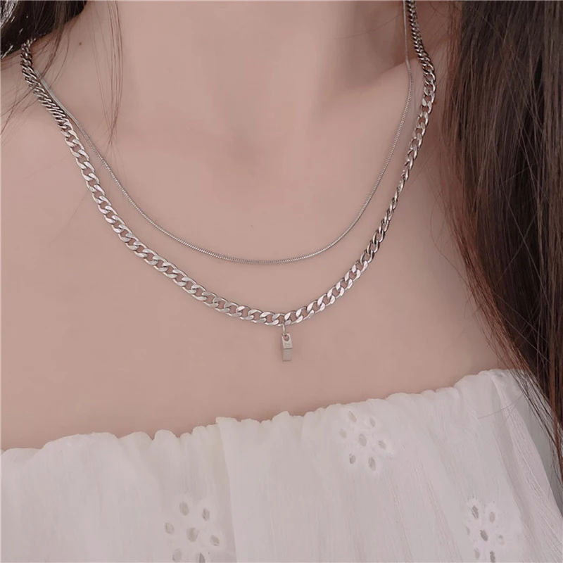 

Ожерелье из титановой стали в стиле панк, двойные серебряные цепочки, ожерелья, металлическая подвеска с бриллиантами, цепочка для свитера ...