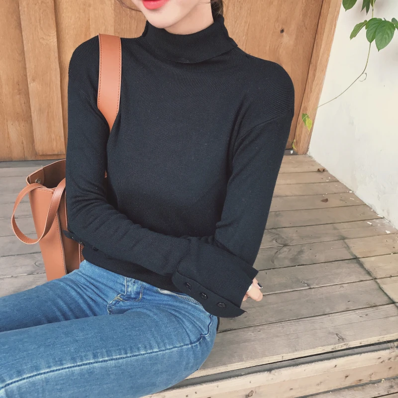 

Lucyever Turtleneck Women Knitted Pullover Sweater Autumn Korean Slim Fashion Long Sleeve Button Jumper Ladies Basic Top 2021