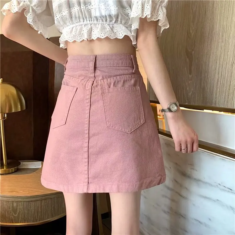 

Pink Half-length Denim Skirt Female Summer New Style Korean Version Was Thin High-waist A-line skirt All-match Skirt