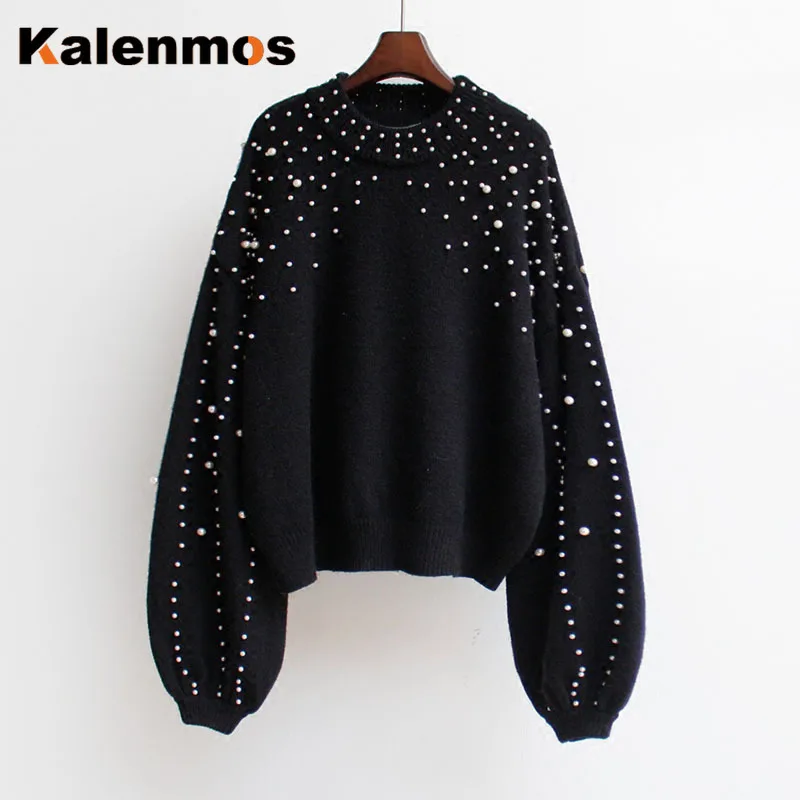 Thicker Autumn Winter Clothes Women Sweater O Neck Beading Lantern Sleeve Knitted Pullover Sweaters Ladies Casual Bottom Tops | Женская