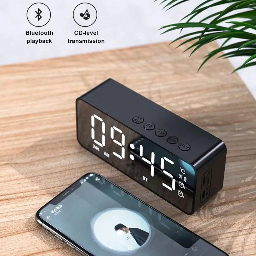 

Wireless BTH Speaker With FM Radio Support TF Card Mini Portable Card Mirror Alarm Clock Sound Dual Alarm Clock Settings
