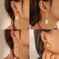 korean irregular geometric metal imitation pearl pendant hoop earrings for women fashion circle eardrop girls jewelry wholesale