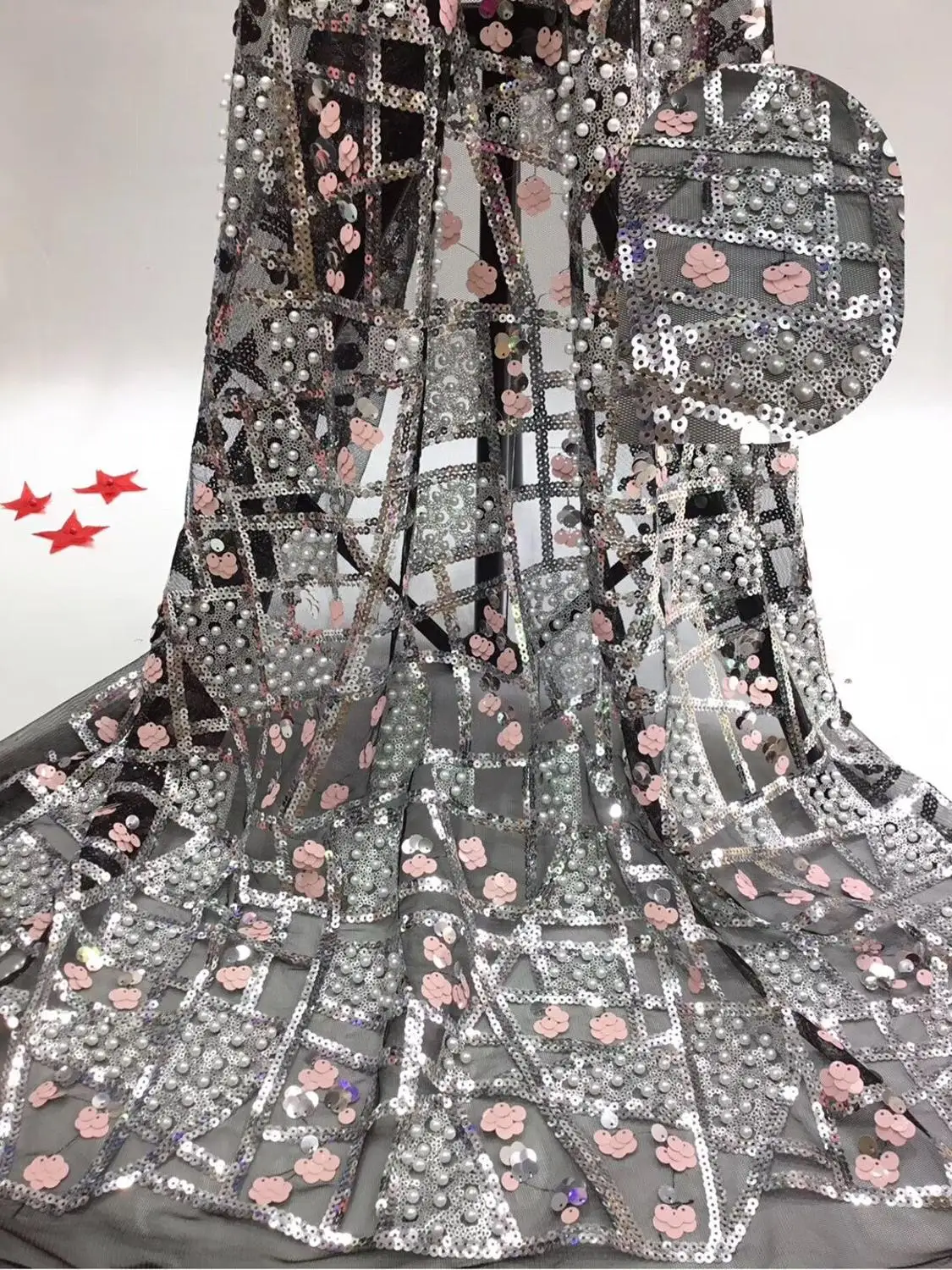 Французская кружевная ткань роскошная сетка из бисера африканская с блестками |