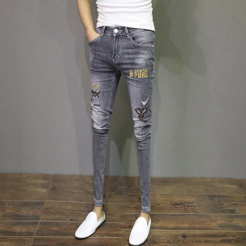 

Washed fashion ripped holes distressed gray feet trousers men's spring youth bee embroidery trend slim teenager pencil jeans