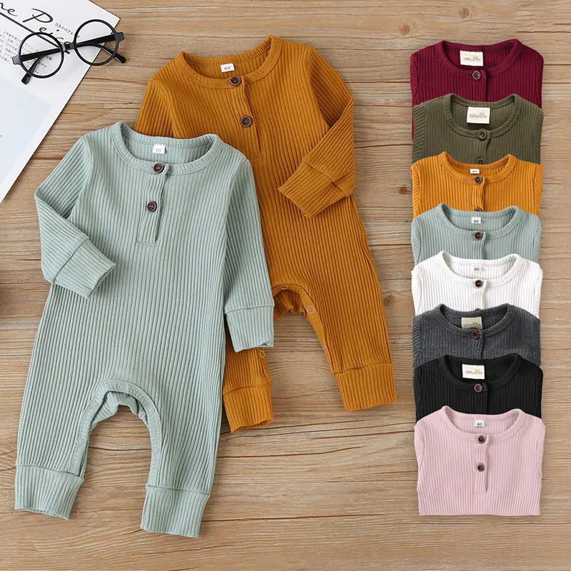 

Summer Unisex Newborn Baby Clothes Solid Color Baby Rompers Cotton Knitted Long Sleeve Toddler Jumpsuit Infant Clothing 3-18M