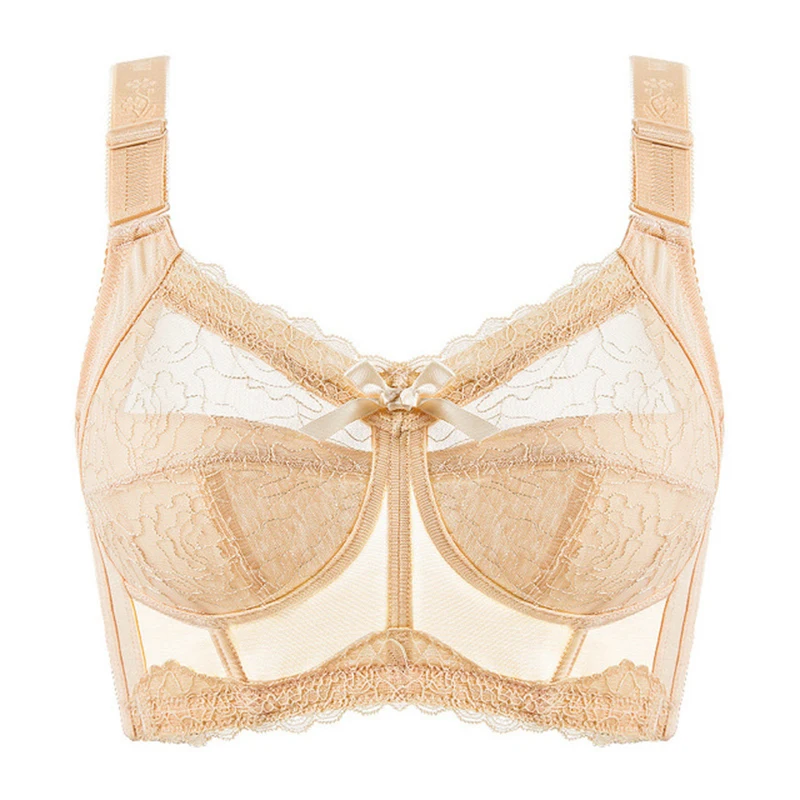 Womens Minimizer Bra Full Coverage Wireless Bra Non-padded Lace Floral Embroidery Ultra-thin Unlined Bra Longerie for Woman 42 E