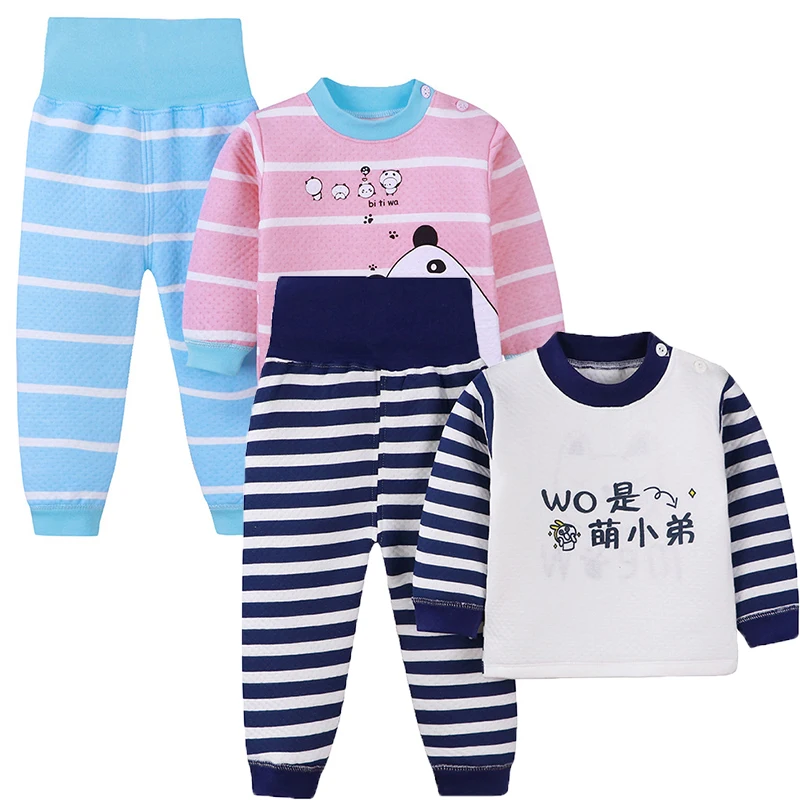 

Two-piece children's thermal underwear suit men and women winter cotton thickening baby cartoon striped solid color pure cotton