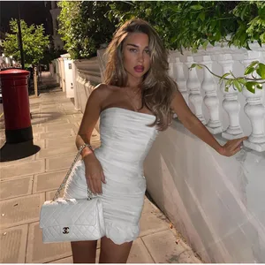 White Solid Strappless Sleeveless Pleated Mini Sexy Bodycon Celebrity Women Dress Evening Party Dress