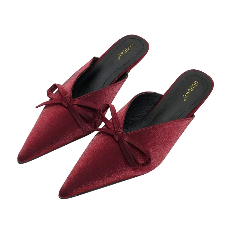 2020 Summer Women Mules Shoes Luxury Slides Sexy Pointed Toe Kitten Heels Slippers Red Shallow Silk Woman Butterfly-knot Slipper | Обувь