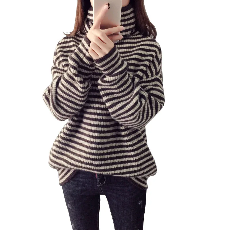 

2021 New Female Elegant Knitted Sweater Fashion Women Autumn Winter Slim Tops Lady Temperament Striped Loose Lazy Sweaters G019