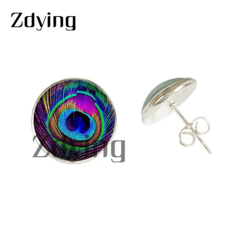 Zdying модное перо павлина шпильки серьги стеклянный кабошон с фото в форме купола