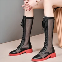lace up fashion sneakers women genuine leather military thigh high boots female summer breathable mesh platform creepers shoes