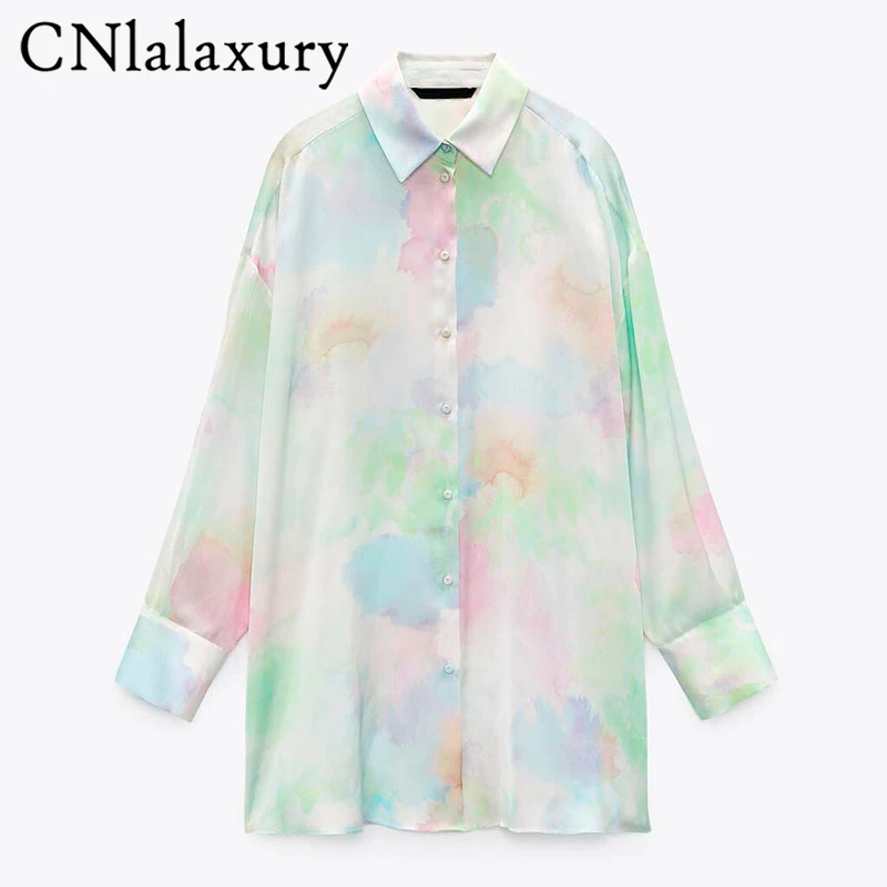 CNlalaxury 2022 New Tie Dye Satin Shirt Woman Oversize Button Up Long Sleeve Autumn Blouse Loose Casual Streetwear Blusas Top | Женская