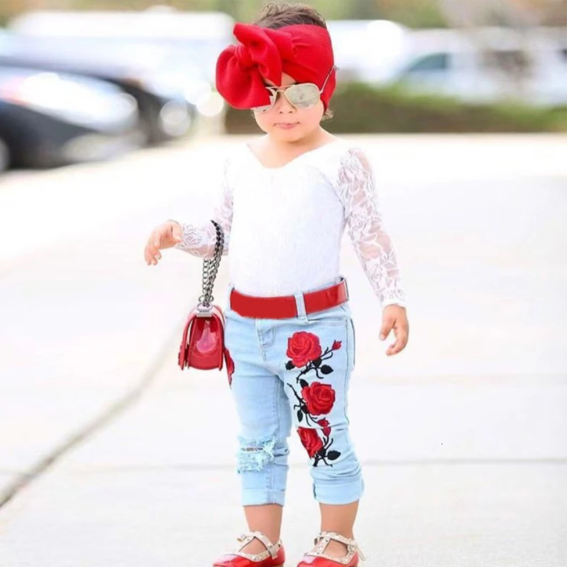 Новое поступление модный кружевной костюм для девочек розовые джинсы комплект