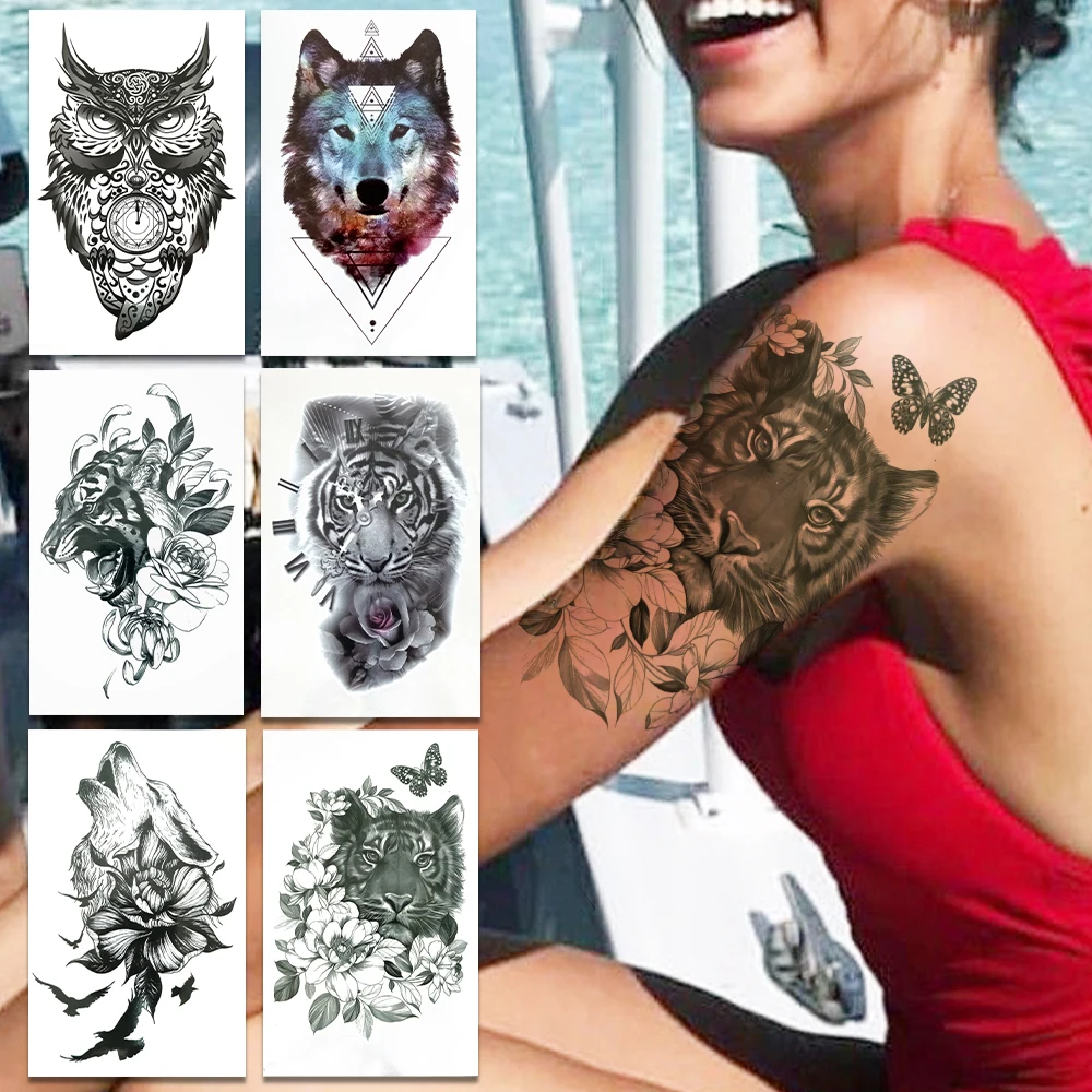 

Tiger Daisy Flower Temporary Tattoos For Women Men Black Tribe Owl Fake Tattoo Sticker Triangle Wolf Peony Waterproof Tatoo Arm