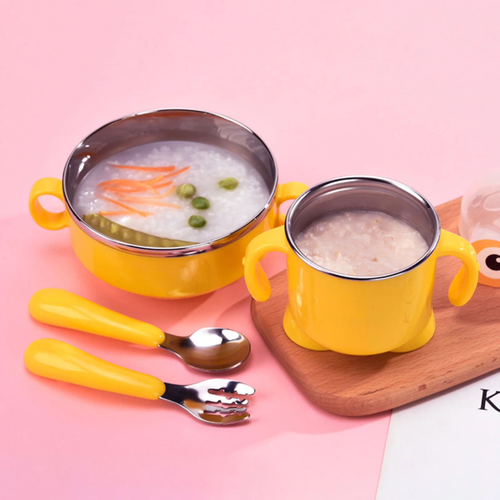 

Baby Dinnerware Set Stainless Steel Cute Cartoon Kids Thermal Bowl With Cup Fork Spoon Infant Feeding Children Tableware
