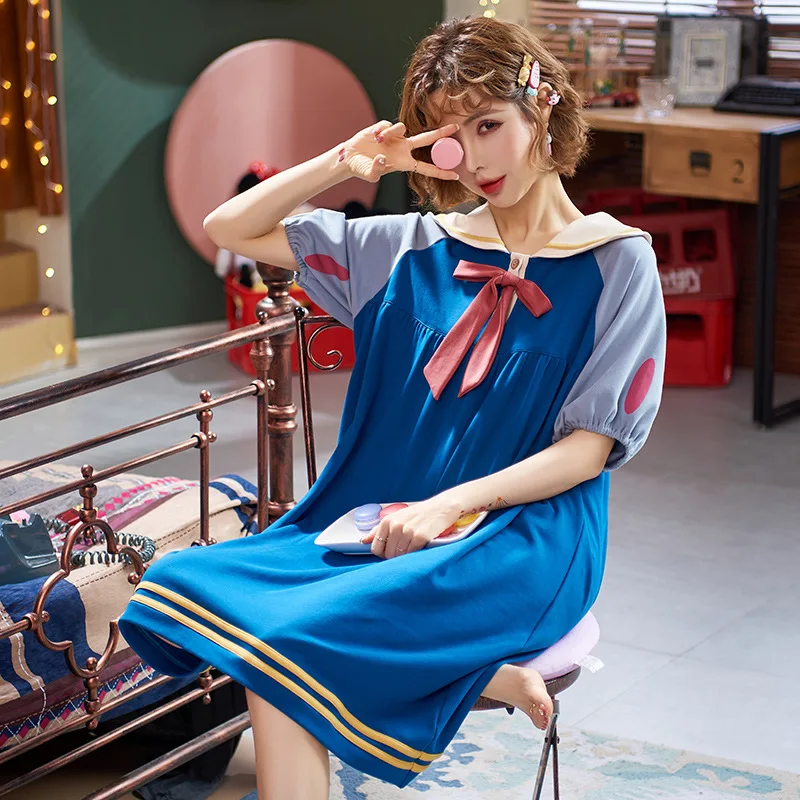 

Homewear Doll Collar Cute Bow Lace Cotton Nightgown Summer Nightdress Solid Color NightDress Women Cotton Loose Short Sleeved