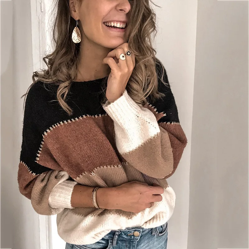 Solid Color Split Joint Knitting Unlined Upper Garment Jacket Leisure Time Hit Round Neck Sweater Woman | Женская одежда