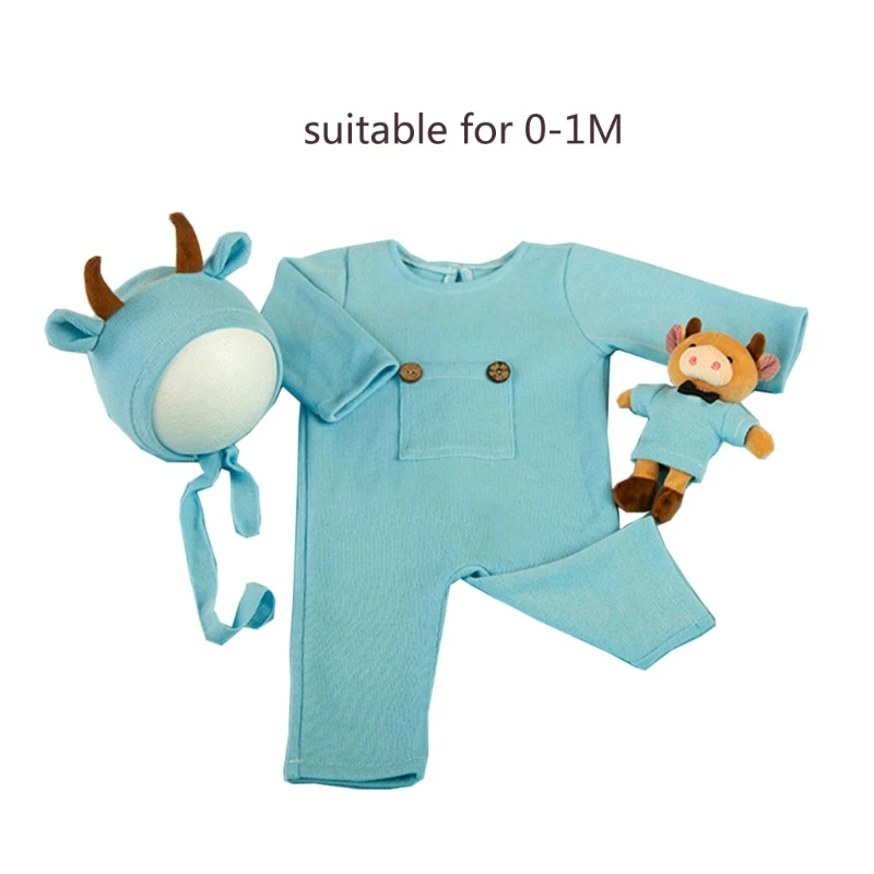 

2021 Newborn Photography Props Suit Ox Year Jumpsuit Hat Cow Doll Infant Outfits