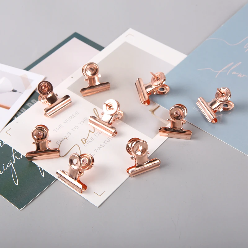 MOGII 9pcs/Box Office School Accessories Rose Gold Metal Bulldog Clip Multifunction Push Pins Stylish Thumb Tacks for Cork Board |