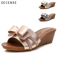 sandal new fashion bow slope heel 5cm grey gold champagne slipper outwear elegant basic roman shoes footwear