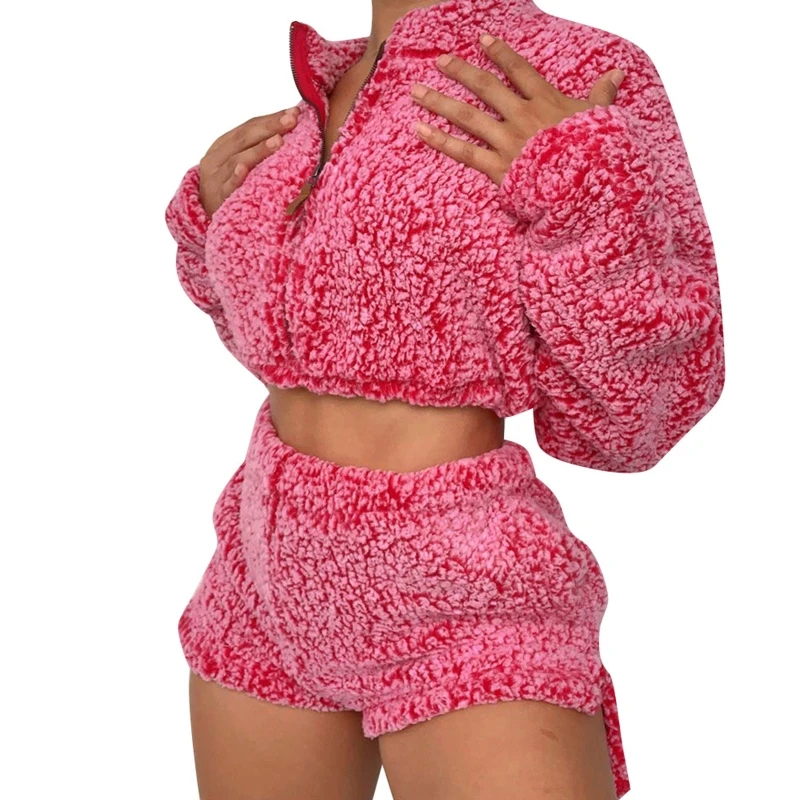 

Women Fuzzy Plush Tracksuit Turtleneck Zip Sweatshirt Shorts Solid Loungewear
