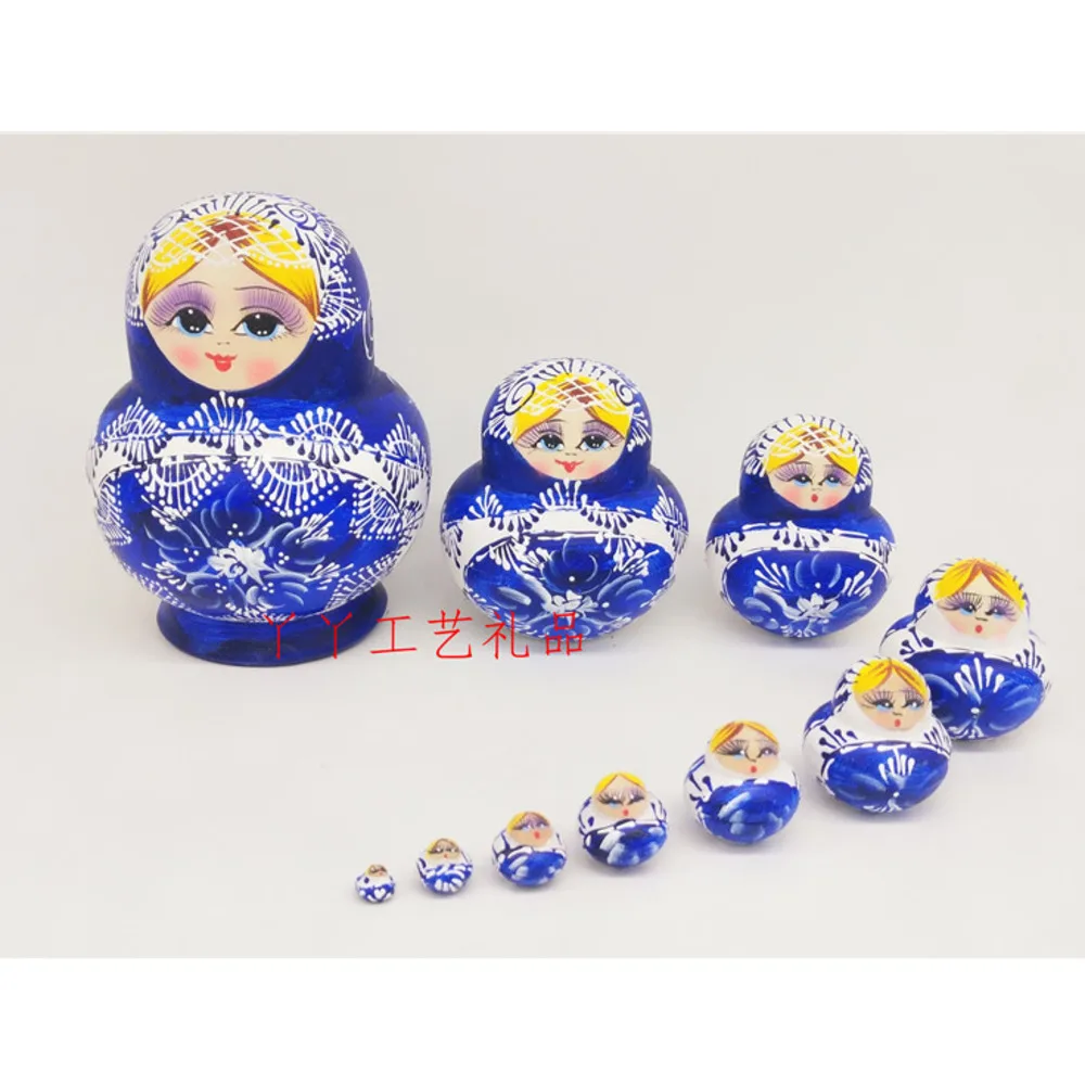 

10 шт./компл., русская сине-белая фарфоровая цветная Матрешка, деревянная игрушка ручной работы, ремесло, домашний декор, кукла для лица