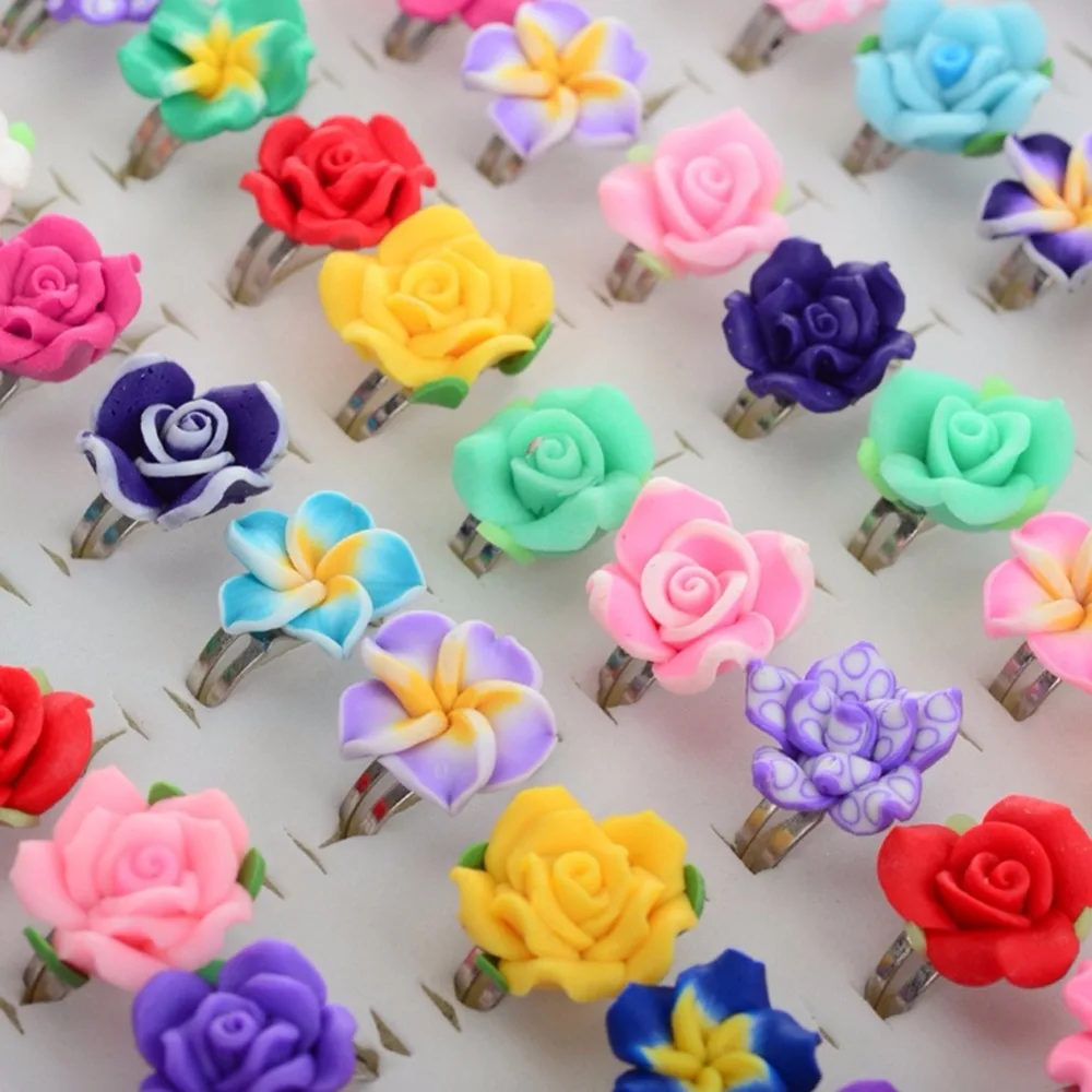 

20pcs Polymer Clay Ring Children Kids Cartoon Colorful Rose Flowers Finger Rings Gifts Random Send кольцо для детей