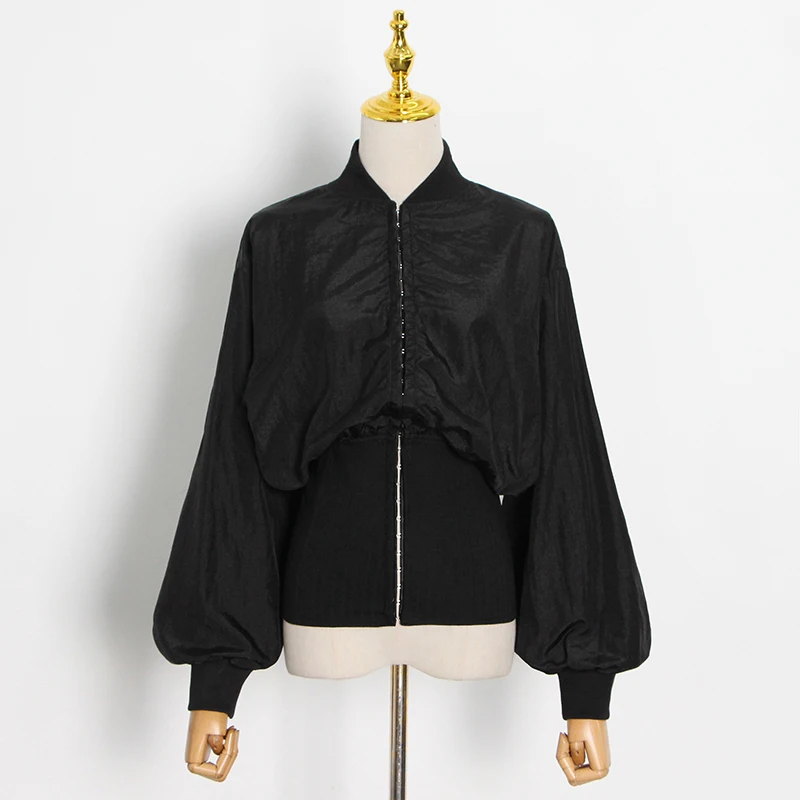 

SISPELL Lantern Long Sleeve Women's Coat Square Collar Cropped Patchwork Metal For Female Coats Fashion Streetwear Tide 2021