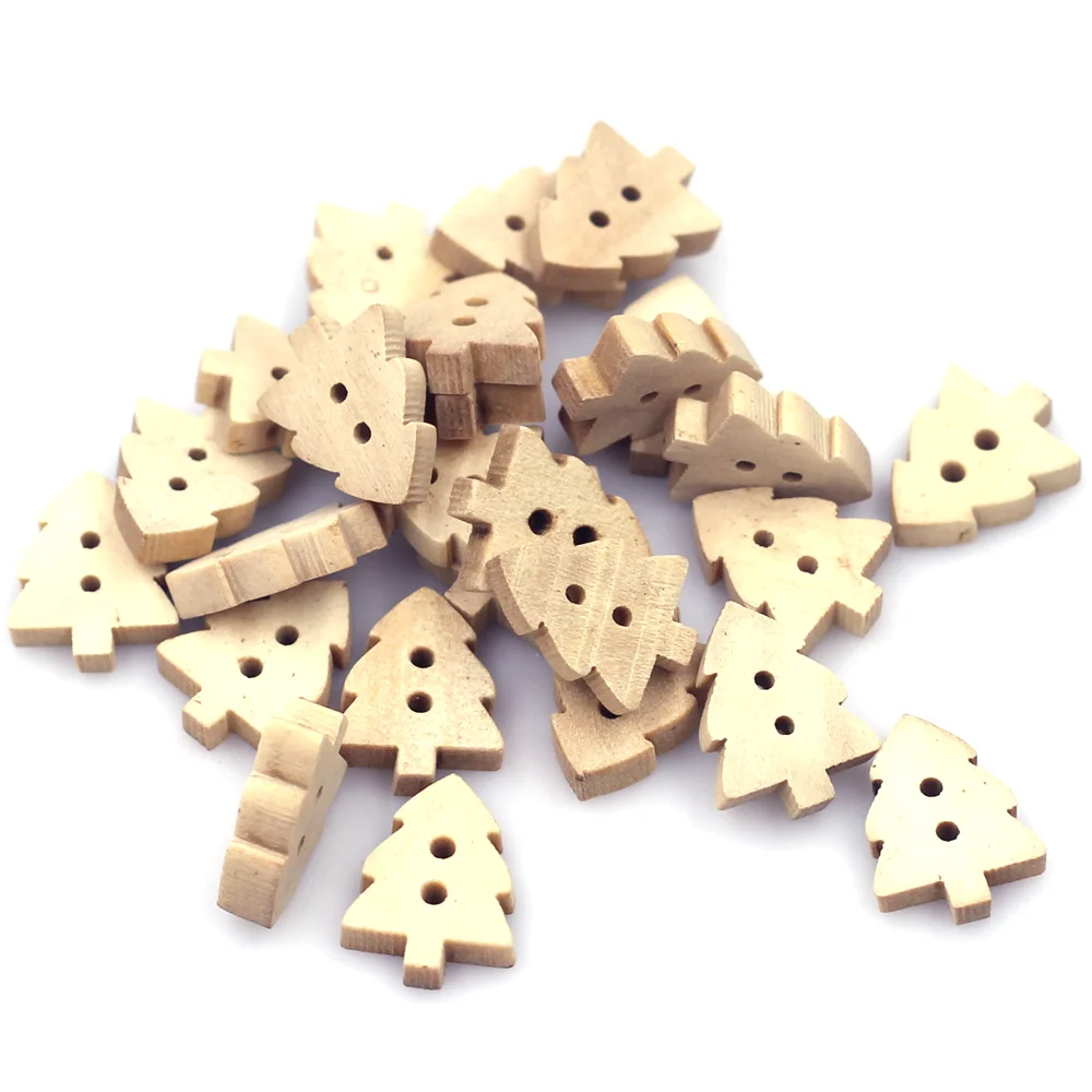 

30PCS Natural Color Christmas Pine Tree Wooden Sewing Buttons 12x14mm 2 Holes Flatback Children's Clothing Crafts Accessories