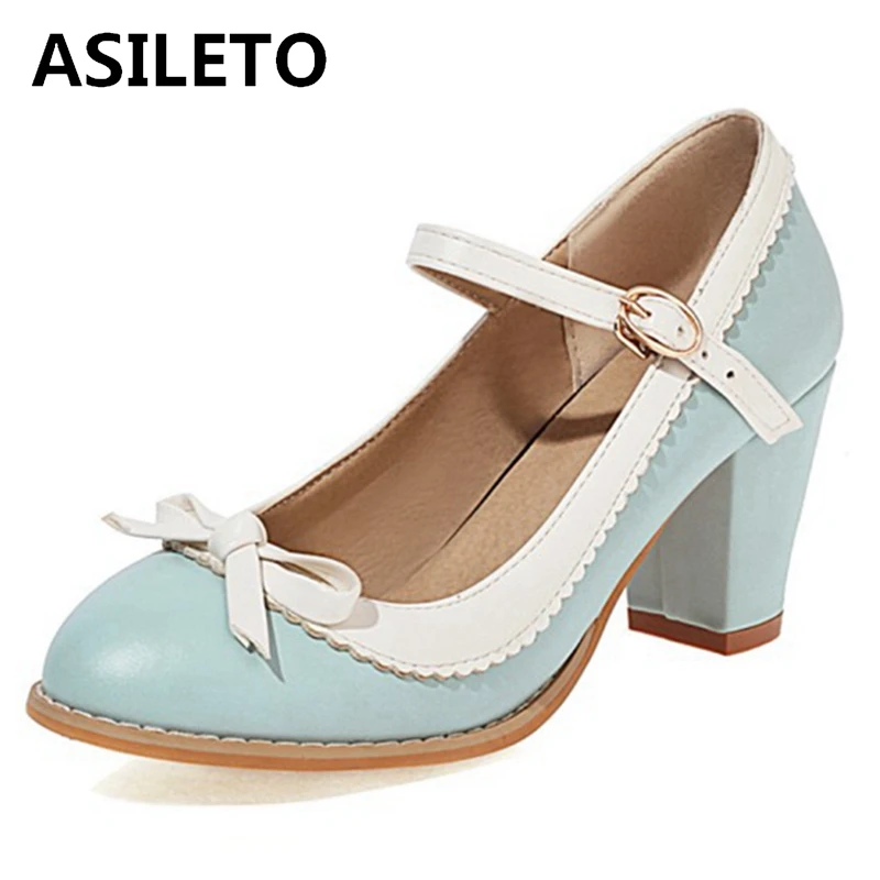 

ASILETO New 2021 Ladies Pumps Round Toe 7cm Block Heels Faux Pig Leather Mary Jane Buckle Concise Bowtie Sweet Party S2134