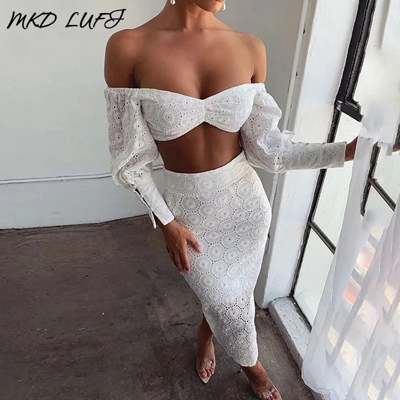 Топ без бретелек с открытыми плечами и белая кружевная длинная юбка комплект из 2