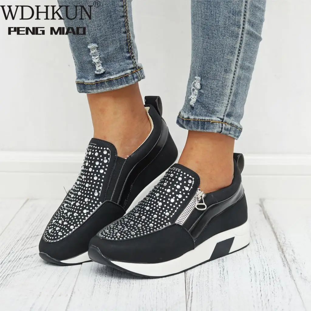 

Women Sneakers Rhinestone Zip Design Breathable Mesh Shoes Woman Leisure Chunky Platform Vulcanized Shoes Chaussures Femme