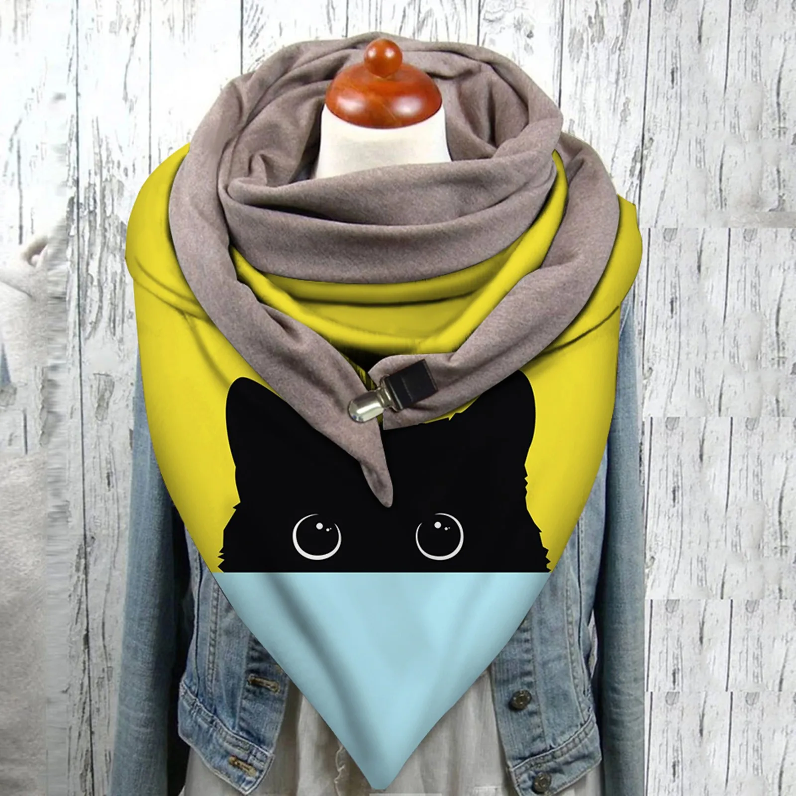 

Универсальный осенне-зимний шарф с модным принтом кота теплый ветрозащитный двухслойный шарф с пряжкой Женский Повседневный Шарф Kawaii Bufanda