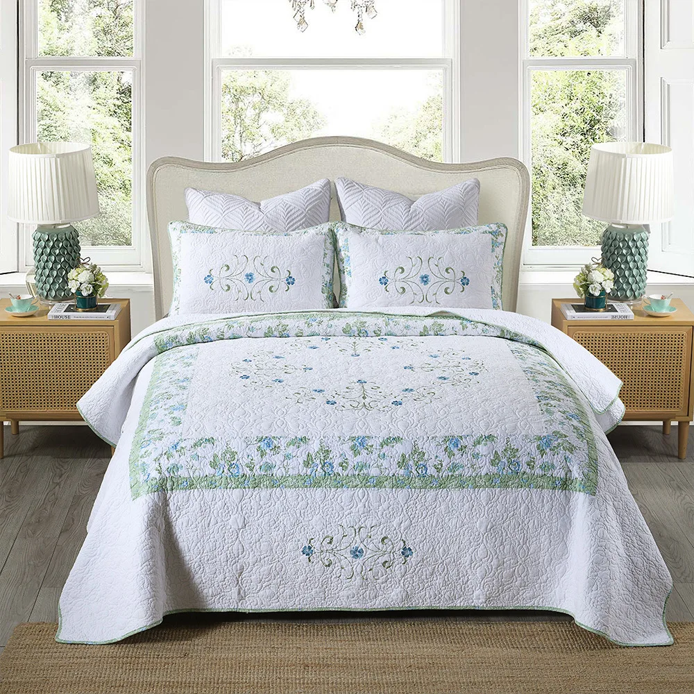 

CHAUSUB Solid Quilt Sets 3PCS Cotton Bedspreads Embroidered Bed Cover With 2*Pillowcase Queen Size Coverlet