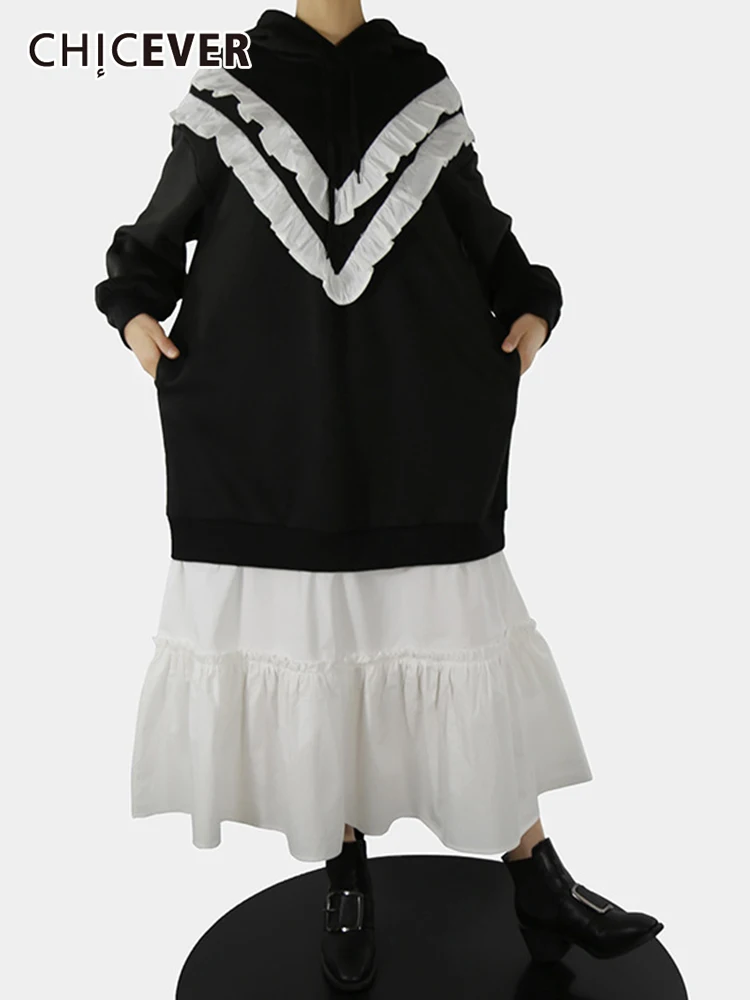 

CHICEVER Casual Patchwork Two Tone Dress For Women Hooded Long Sleeve Wide Waistband Loose Korean Fashion Dresses Female Clothes