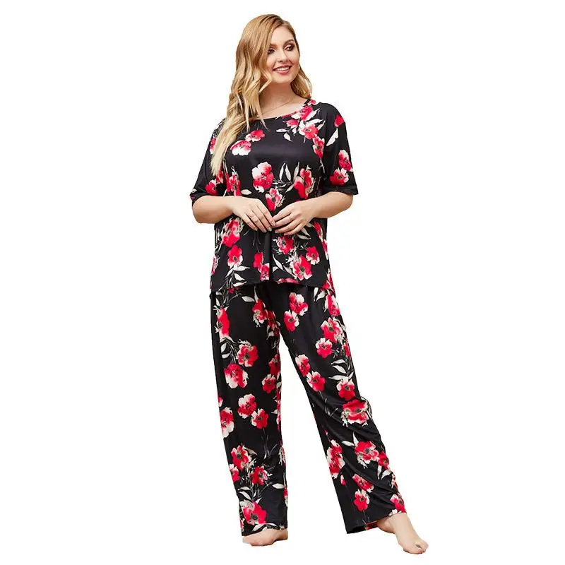 

4xl 2020 Summer Pajama Set Plus Size Tops And Pants pyjama femme Casual Floral Sleepwear Big Size Homewear pajamas for women