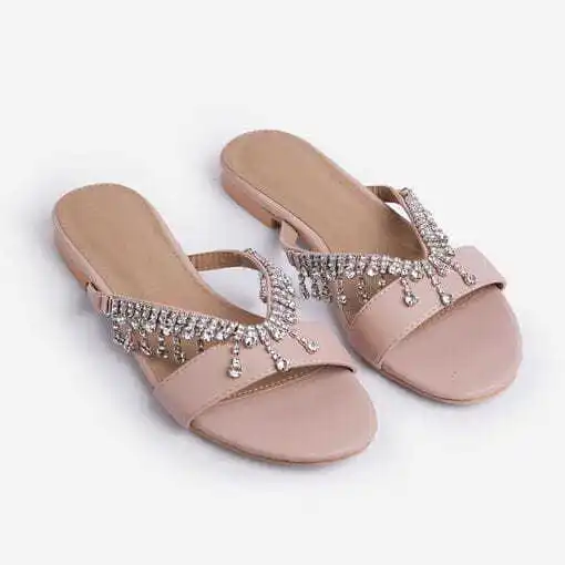 

Youth versatile pearl sandals heel diamond Handmade Beaded flat sandals women's large size
