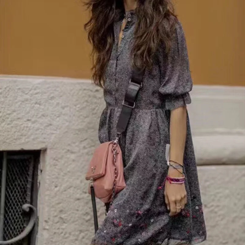 

2021 Spring Summer Women Floral Dress Lady Fashion Knee-Length Dresses with Buttons